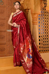 Shubh ~ Handloom Pure Silk Paithani Saree with Traditional Peacock Pallu ~ Maroon Red - verymuchindian.com