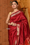 Shubh ~ Handloom Pure Silk Paithani Saree with Traditional Peacock Pallu ~ Maroon Red - verymuchindian.com