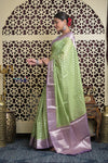 Shubh Lakshmi 2.0 ~ Designer Chanderi Cotton Silk Saree with Circular Pattern in Lime Green and Lilac - verymuchindian.com