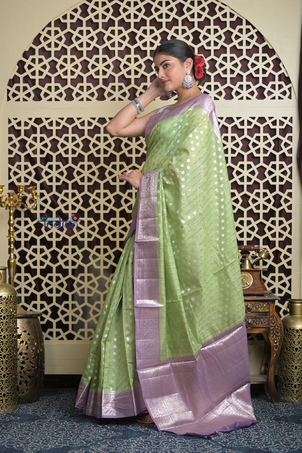 Shubh Lakshmi 2.0 ~ Designer Chanderi Cotton Silk Saree with Circular Pattern in Lime Green and Lilac - verymuchindian.com