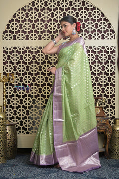 Shubh Lakshmi 2.0 ~ Designer Chanderi Cotton Silk Saree with Circular Pattern in Lime Green and Lilac - verymuchindian.com