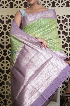 Shubh Lakshmi 2.0 ~ Designer Chanderi Cotton Silk Saree with Circular Pattern in Lime Green and Lilac - verymuchindian.com