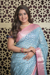 Shubh Lakshmi 2.0 ~ Designer Chanderi Cotton Silk Saree with Circular Pattern in Powder Blue and Pink - verymuchindian.com
