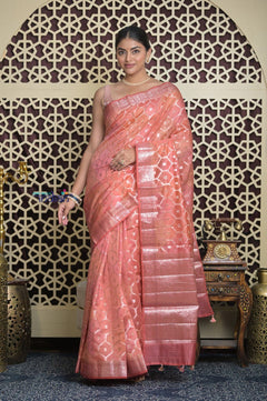 Shubh Lakshmi 2.0 ~ Designer Chanderi Cotton Silk Saree with Diamond Pattern in Salient Peach - verymuchindian.com