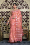 Shubh Lakshmi 2.0 ~ Designer Chanderi Cotton Silk Saree with Diamond Pattern in Salient Peach - verymuchindian.com
