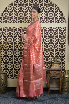 Shubh Lakshmi 2.0 ~ Designer Chanderi Cotton Silk Saree with Diamond Pattern in Salient Peach - verymuchindian.com