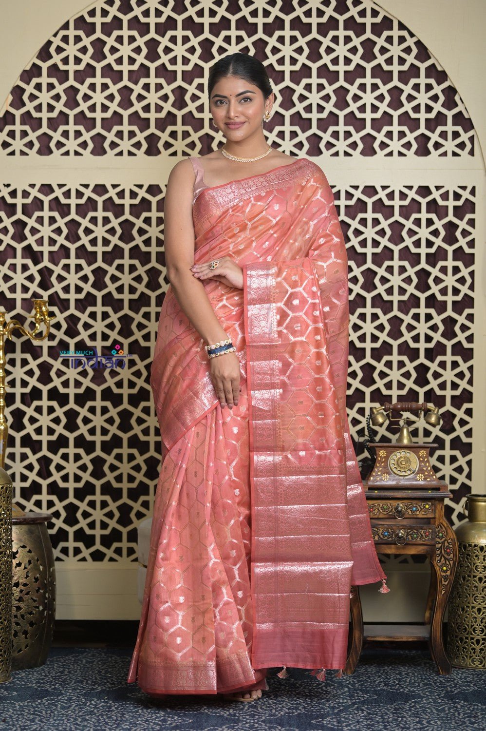 Shubh Lakshmi 2.0 ~ Designer Chanderi Cotton Silk Saree with Diamond Pattern in Salient Peach - verymuchindian.com