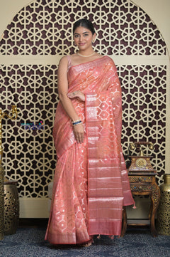 Shubh Lakshmi 2.0 ~ Designer Chanderi Cotton Silk Saree with Diamond Pattern in Salient Peach - verymuchindian.com