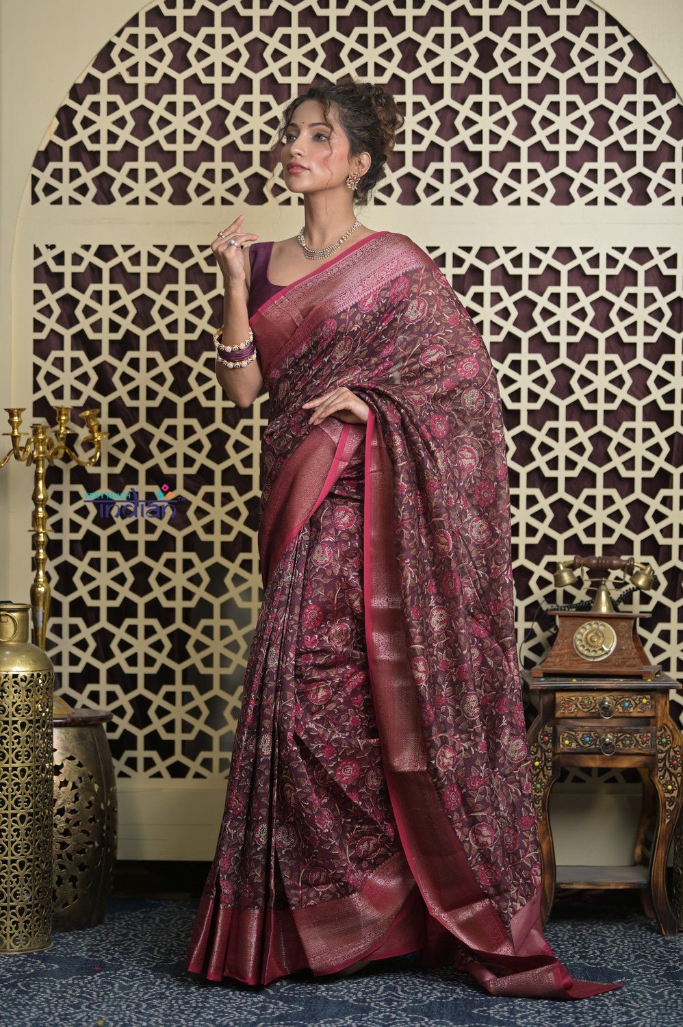 Shubh Lakshmi 2.0 ~ Designer Chanderi Cotton Silk Saree with Digital Floral Print in Brown - verymuchindian.com
