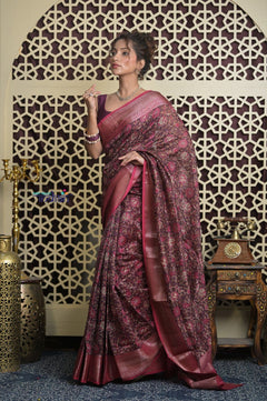 Shubh Lakshmi 2.0 ~ Designer Chanderi Cotton Silk Saree with Digital Floral Print in Brown - verymuchindian.com