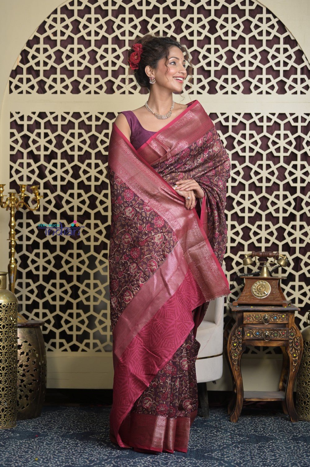 Shubh Lakshmi 2.0 ~ Designer Chanderi Cotton Silk Saree with Digital Floral Print in Brown - verymuchindian.com