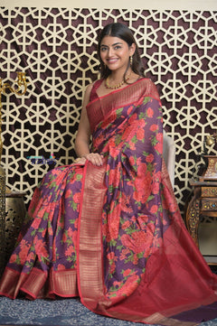 Shubh Lakshmi 2.0 ~ Designer Cotton Silk Saree with Floral Print in Purple and Red - verymuchindian.com