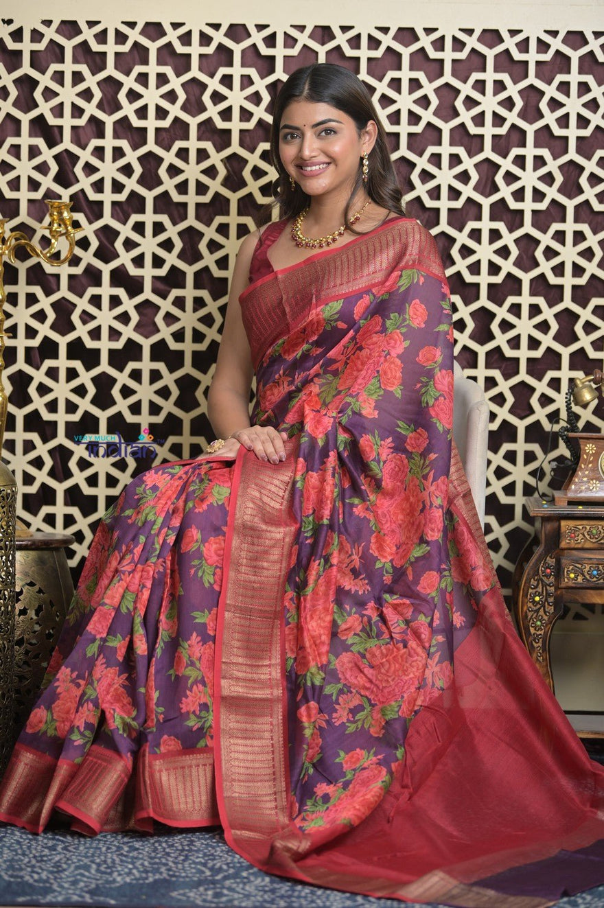 Shubh Lakshmi 2.0 ~ Designer Cotton Silk Saree with Floral Print in Purple and Red - verymuchindian.com