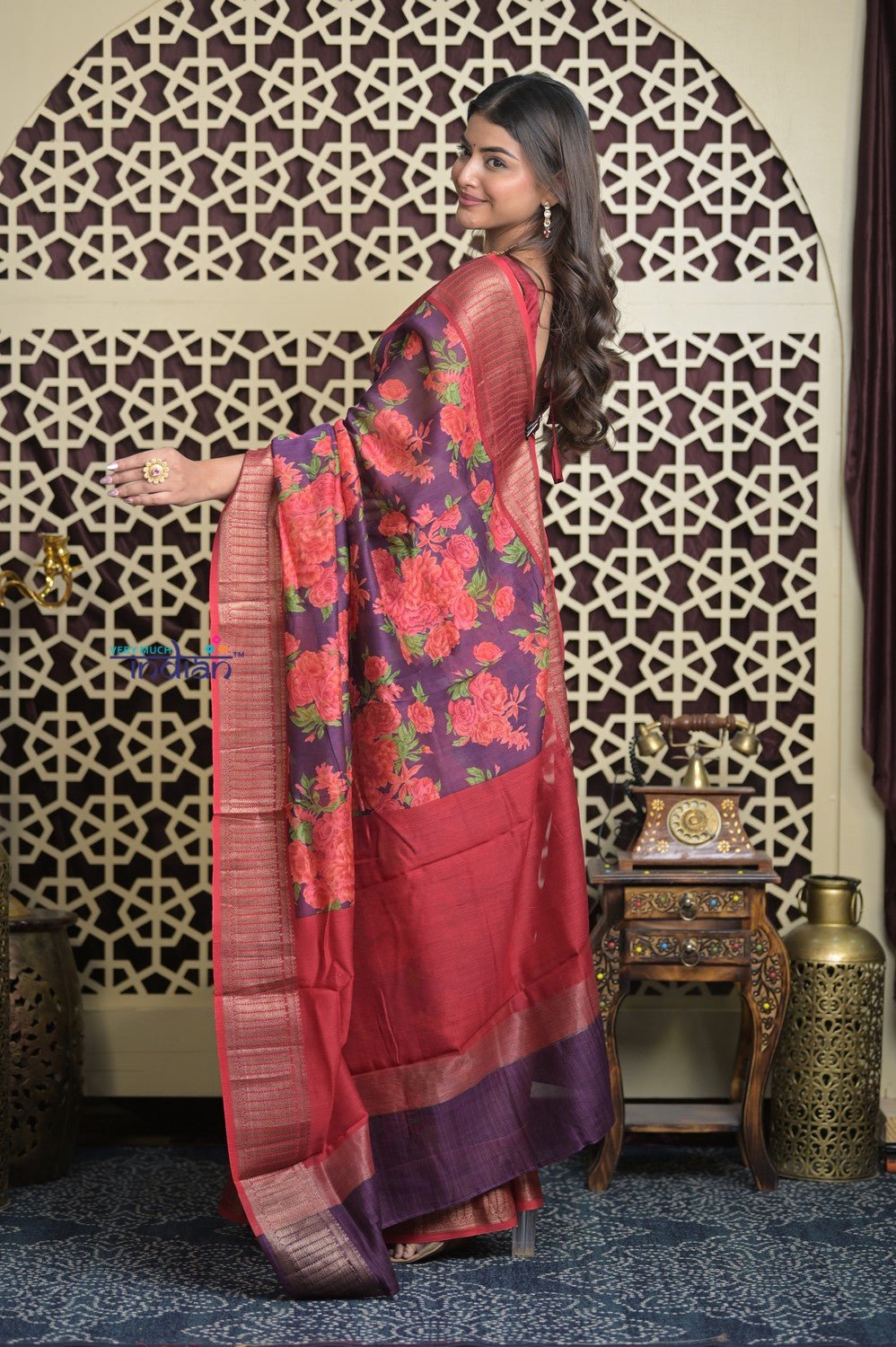Shubh Lakshmi 2.0 ~ Designer Cotton Silk Saree with Floral Print in Purple and Red - verymuchindian.com