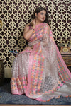 Shubh Lakshmi 2.0 ~ Designer Handloom Banarasi Kora Silk Saree with Circular Pattern in Ivory and Pink - verymuchindian.com