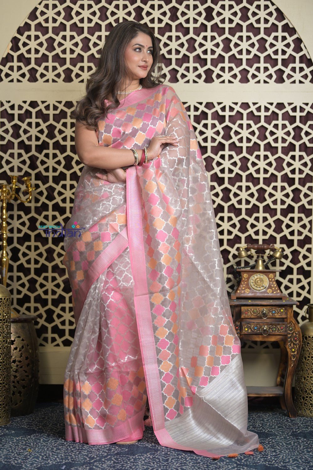 Shubh Lakshmi 2.0 ~ Designer Handloom Banarasi Kora Silk Saree with Circular Pattern in Ivory and Pink - verymuchindian.com