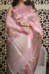 Shubh Lakshmi 2.0 ~ Designer Handloom Banarasi Kora Silk Saree with Circular Pattern in Ivory and Pink - verymuchindian.com