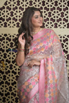 Shubh Lakshmi 2.0 ~ Designer Handloom Banarasi Kora Silk Saree with Circular Pattern in Ivory and Pink - verymuchindian.com