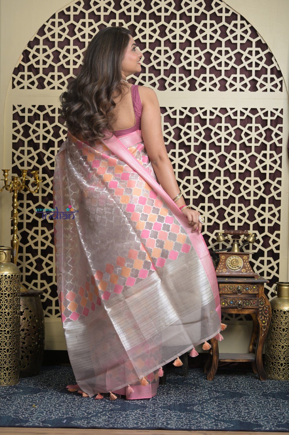 Shubh Lakshmi 2.0 ~ Designer Handloom Banarasi Kora Silk Saree with Circular Pattern in Ivory and Pink - verymuchindian.com