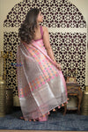 Shubh Lakshmi 2.0 ~ Designer Handloom Banarasi Kora Silk Saree with Circular Pattern in Ivory and Pink - verymuchindian.com