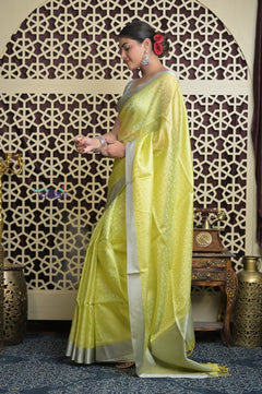 Shubh Lakshmi 2.0 ~ Designer Handloom Kota Silk Saree with Diamond Pattern in Lime Yellow - verymuchindian.com