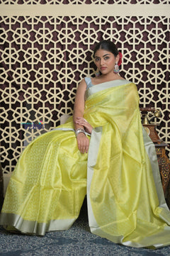 Shubh Lakshmi 2.0 ~ Designer Handloom Kota Silk Saree with Diamond Pattern in Lime Yellow - verymuchindian.com