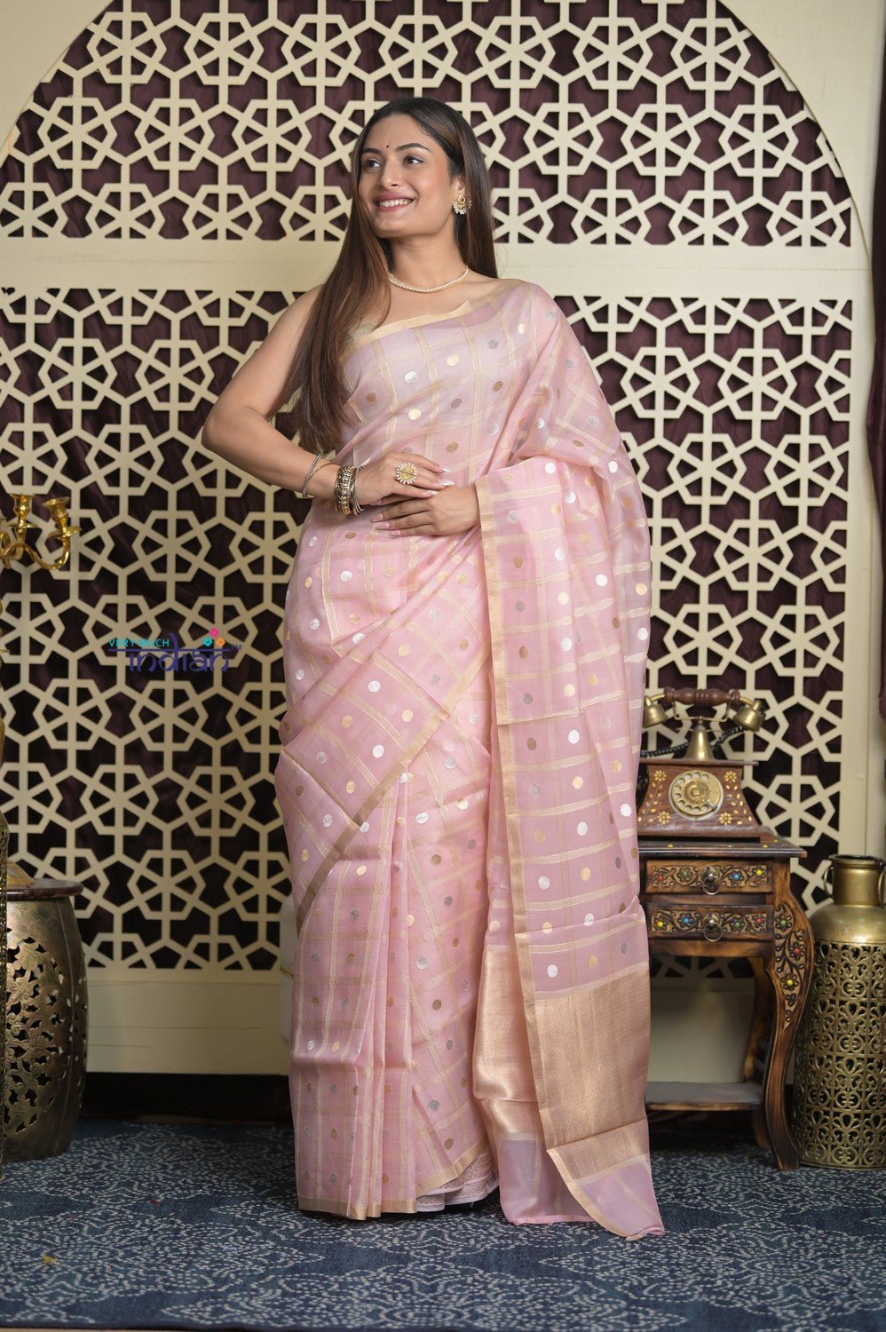 Shubh Lakshmi 2.0 ~ Designer Handloom Pure Kora Silk Saree with Circular Pattern in Light Peach - verymuchindian.com