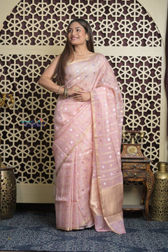 Shubh Lakshmi 2.0 ~ Designer Handloom Pure Kora Silk Saree with Circular Pattern in Light Peach - verymuchindian.com