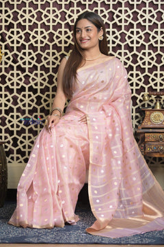Shubh Lakshmi 2.0 ~ Designer Handloom Pure Kora Silk Saree with Circular Pattern in Light Peach - verymuchindian.com
