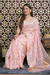 Shubh Lakshmi 2.0 ~ Designer Handloom Pure Kora Silk Saree with Circular Pattern in Light Peach - verymuchindian.com