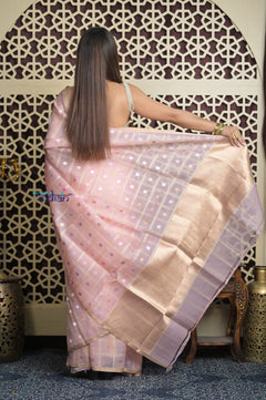 Shubh Lakshmi 2.0 ~ Designer Handloom Pure Kora Silk Saree with Circular Pattern in Light Peach - verymuchindian.com