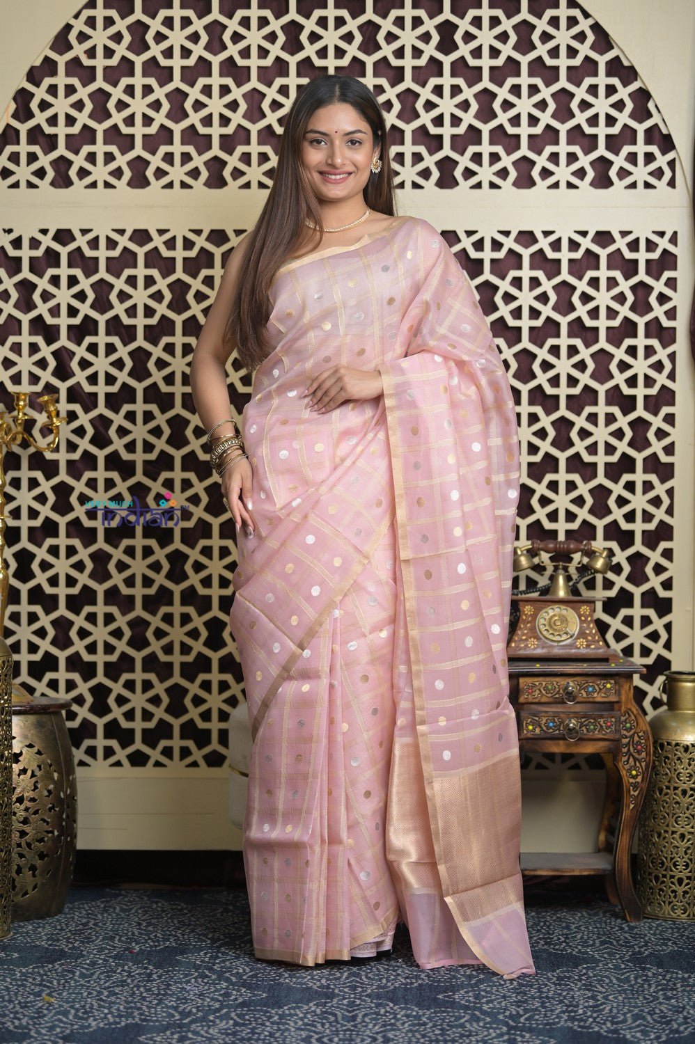Shubh Lakshmi 2.0 ~ Designer Handloom Pure Kora Silk Saree with Circular Pattern in Light Peach - verymuchindian.com