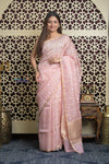 Shubh Lakshmi 2.0 ~ Designer Handloom Pure Kora Silk Saree with Circular Pattern in Light Peach - verymuchindian.com