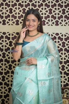 Shubh Lakshmi 2.0 ~ Designer Handloom Pure Kora Silk Saree with Floral Pattern in Sky Blue - verymuchindian.com