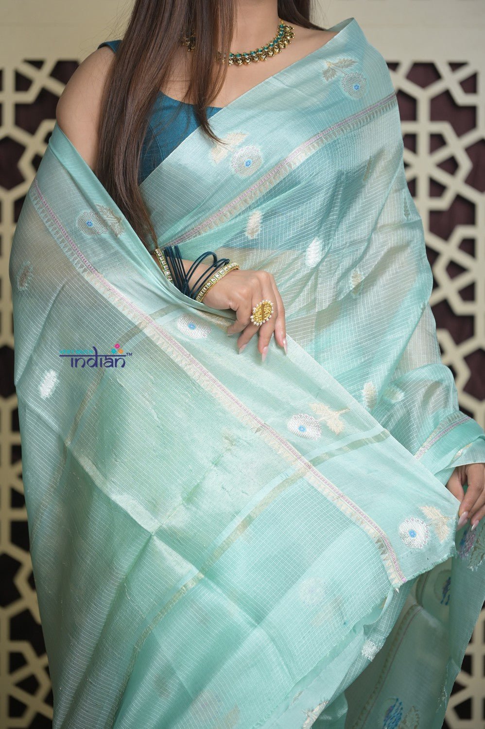 Shubh Lakshmi 2.0 ~ Designer Handloom Pure Kora Silk Saree with Floral Pattern in Sky Blue - verymuchindian.com