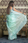 Shubh Lakshmi 2.0 ~ Designer Handloom Pure Kora Silk Saree with Floral Pattern in Sky Blue - verymuchindian.com