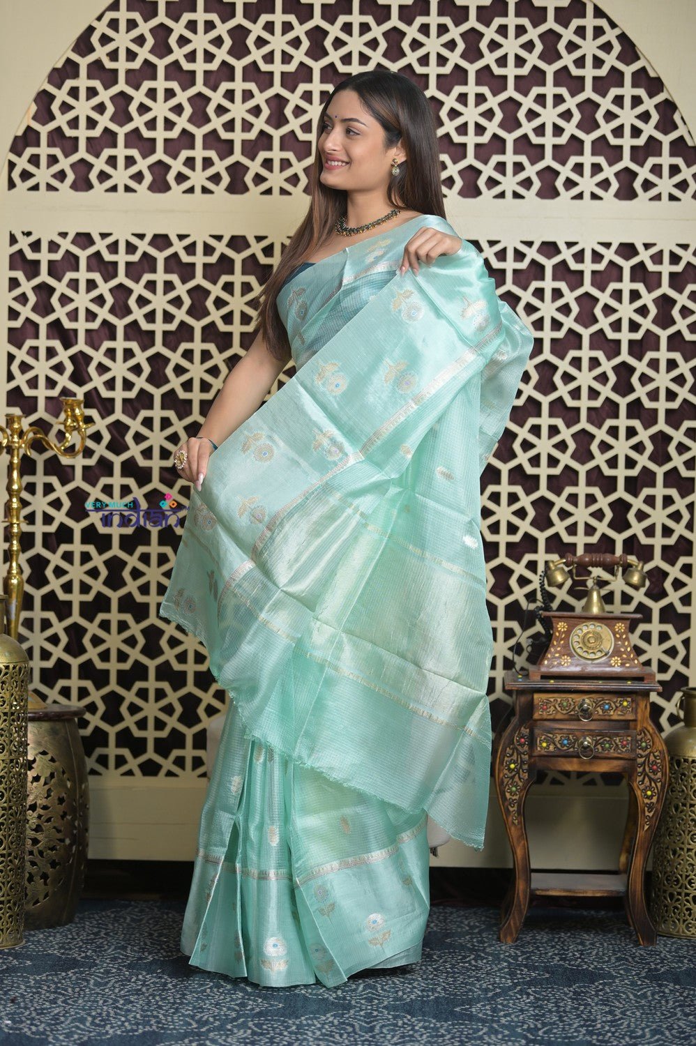 Shubh Lakshmi 2.0 ~ Designer Handloom Pure Kora Silk Saree with Floral Pattern in Sky Blue - verymuchindian.com