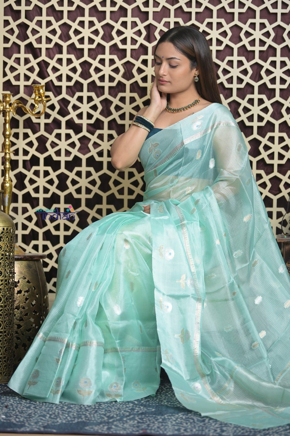 Shubh Lakshmi 2.0 ~ Designer Handloom Pure Kora Silk Saree with Floral Pattern in Sky Blue - verymuchindian.com