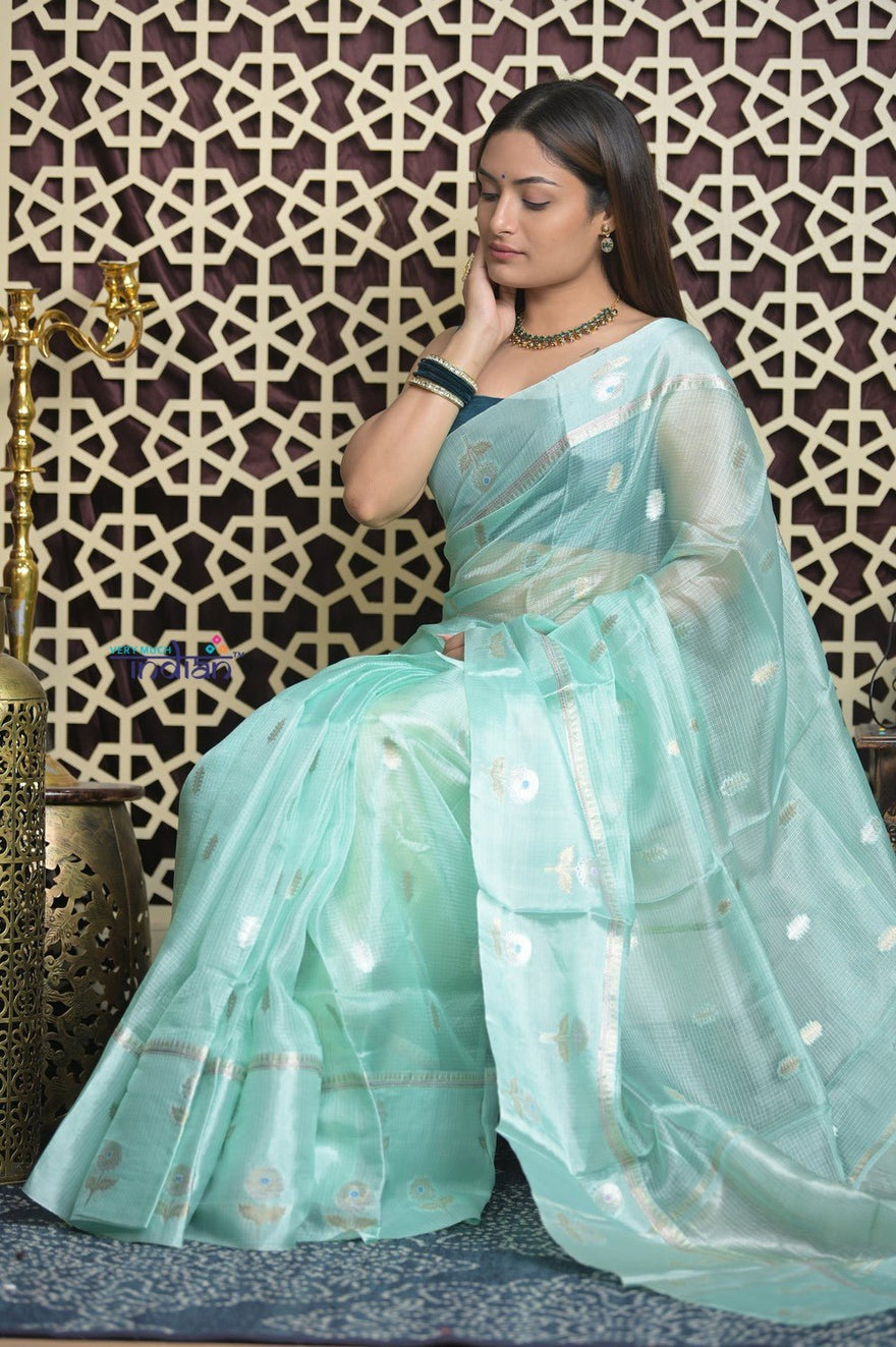 Shubh Lakshmi 2.0 ~ Designer Handloom Pure Kora Silk Saree with Floral Pattern in Sky Blue - verymuchindian.com