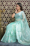 Shubh Lakshmi 2.0 ~ Designer Handloom Pure Kora Silk Saree with Floral Pattern in Sky Blue - verymuchindian.com