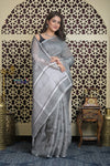 Shubh Lakshmi 2.0 ~ Designer Handloom Pure Linen Saree in Dark Grey - verymuchindian.com