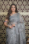 Shubh Lakshmi 2.0 ~ Designer Handloom Pure Linen Saree in Dark Grey - verymuchindian.com