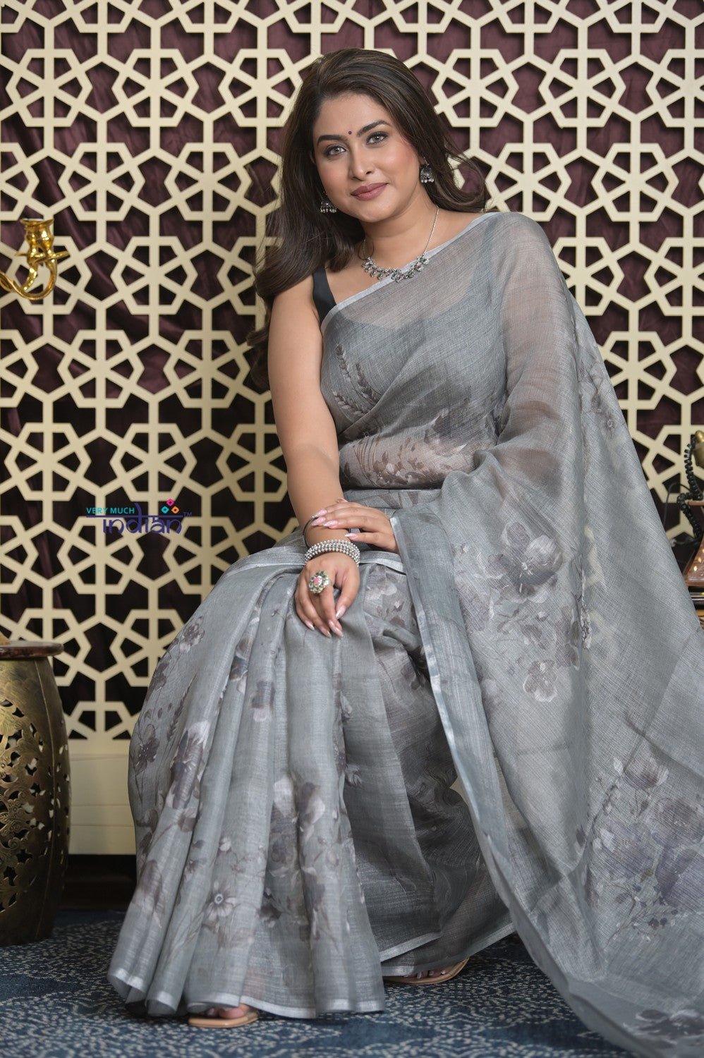 Shubh Lakshmi 2.0 ~ Designer Handloom Pure Linen Saree in Dark Grey - verymuchindian.com