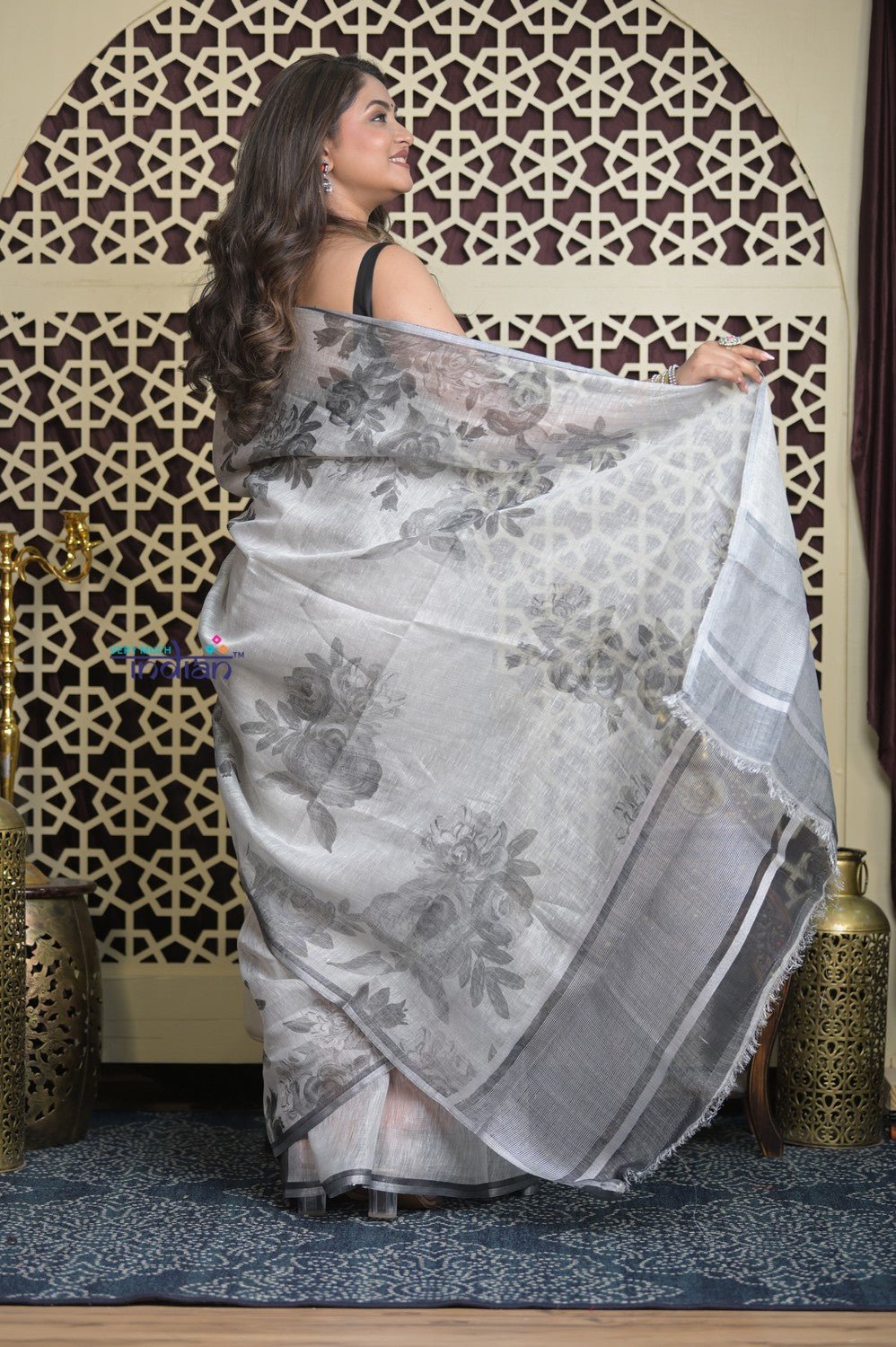 Shubh Lakshmi 2.0 ~ Designer Handloom Pure Linen Saree in Grey - verymuchindian.com