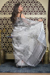 Shubh Lakshmi 2.0 ~ Designer Handloom Pure Linen Saree in Grey - verymuchindian.com