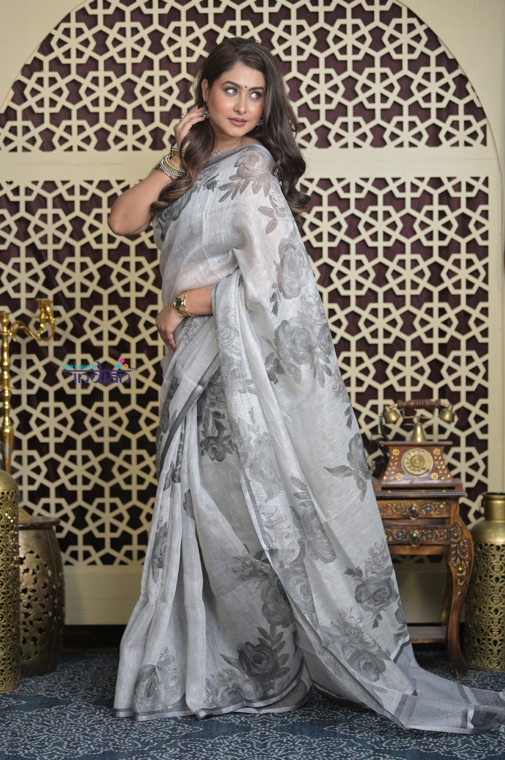 Shubh Lakshmi 2.0 ~ Designer Handloom Pure Linen Saree in Grey - verymuchindian.com