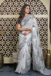 Shubh Lakshmi 2.0 ~ Designer Handloom Pure Linen Saree in Grey - verymuchindian.com