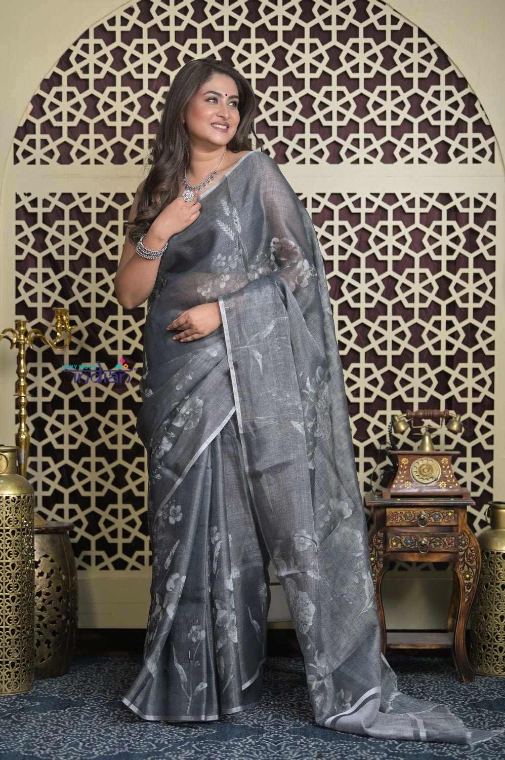 Shubh Lakshmi 2.0 ~ Designer Handloom Pure Linen Saree with Hand Weave in Starlight Grey - verymuchindian.com
