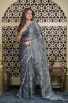 Shubh Lakshmi 2.0 ~ Designer Handloom Pure Linen Saree with Hand Weave in Starlight Grey - verymuchindian.com