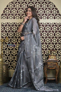 Shubh Lakshmi 2.0 ~ Designer Handloom Pure Linen Saree with Hand Weave in Starlight Grey - verymuchindian.com